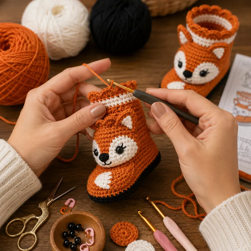 Manos tejiendo una botita de crochet con forma de zorro