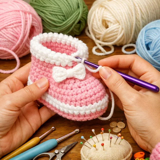 Zapatito de crochet rosado tejido a mano